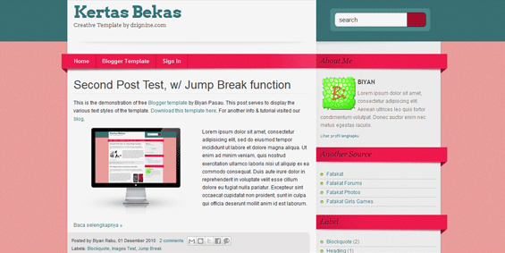 Kertas Bekas is a two column blogger template with 3D decoration. This template has an unique layout and style cos it build with noise effect using Adobe Photoshop. It's elegant style very suitable for all type of blog.